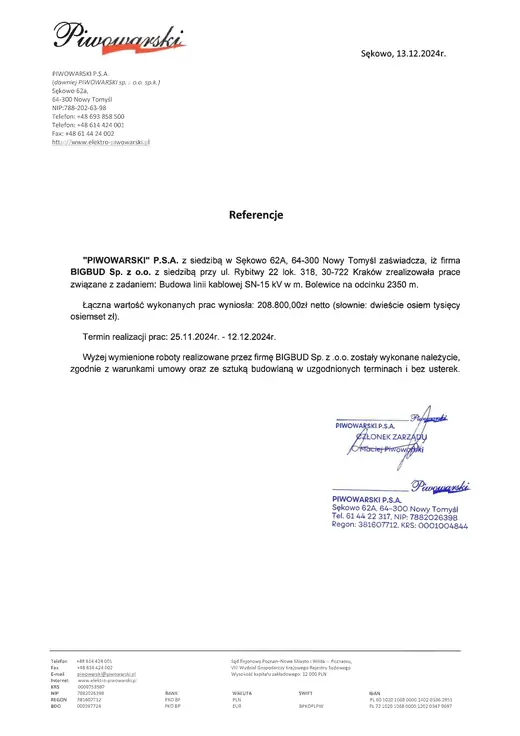 Referencja: PIWOWARSKI — Bolewice — linia kablowa SN-15 kV