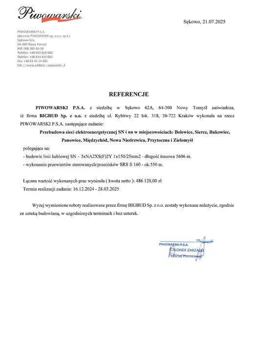 Referencja: PIWOWARSKI — Przebudowa sieci SN i nn — 8 miejscowości
