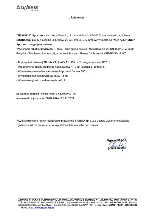 Referencja: ZILINSKIS — Toruń — skablowanie linii SN-15 kV