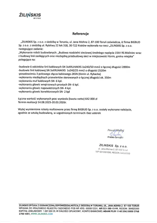 Referencja: ZILINSKIS — Konin — rozdzielnia 15 kV RS Maliniec