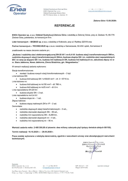 Referencja: ENEA Operator — ENEA Operator — sieć SN-20 kV, gm. Niegosławice
